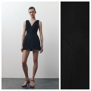 NWT. Zara ZW Collection Black Viscose Blend Voluminous Short V-Neck Dress Size S
